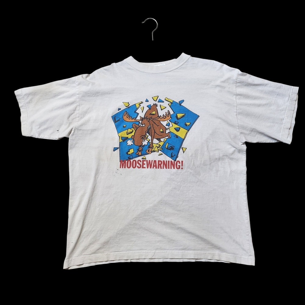 Vintage 90s Made In Sweden Disyressed MooseWarning White Graphic Tee